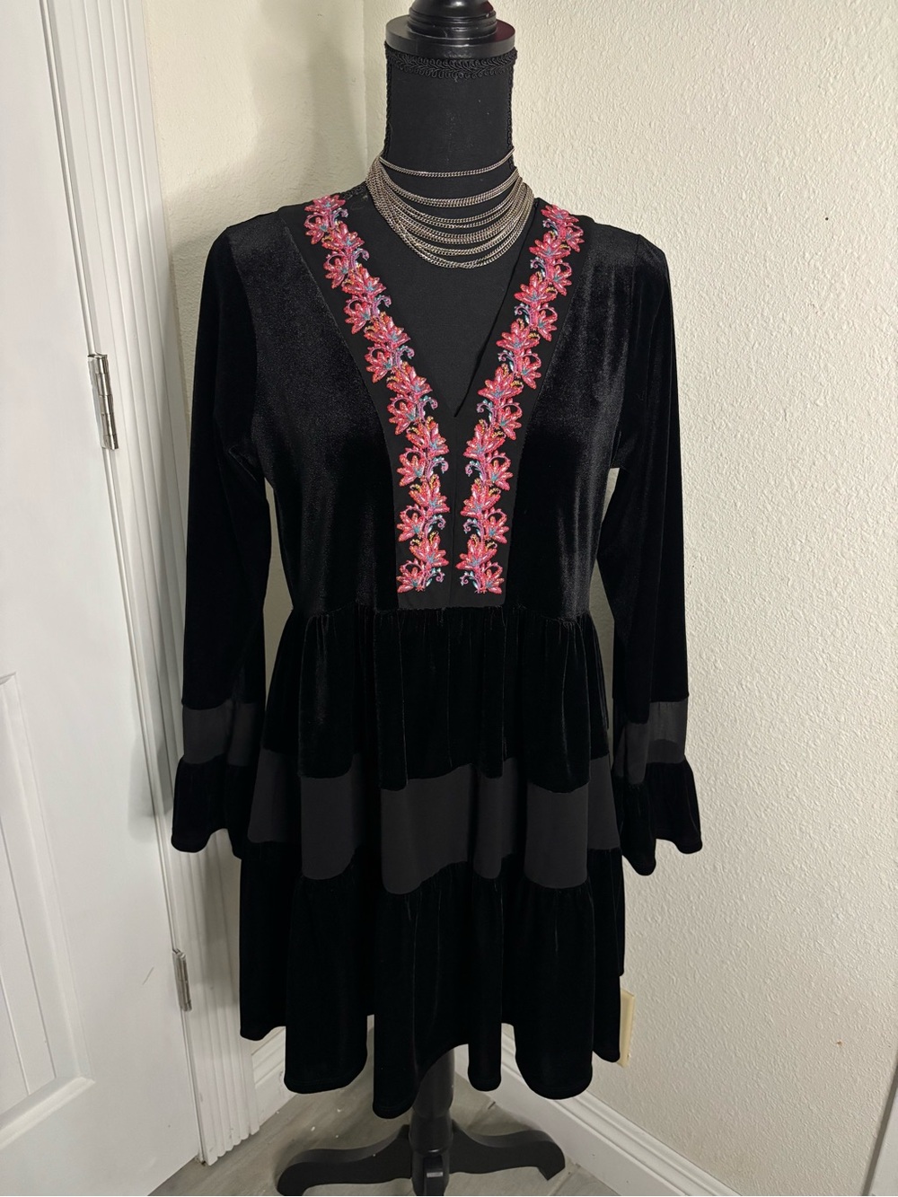 Chelsea & Violet Black Velvet Long-Sleeve Tiered Dress with Pink Embroidery